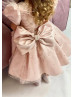 Blush Satin Feather Pearl Beaded Flower Girl Dress